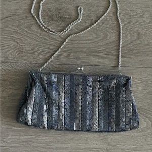 Gunmetal sequin clutch with chain strap